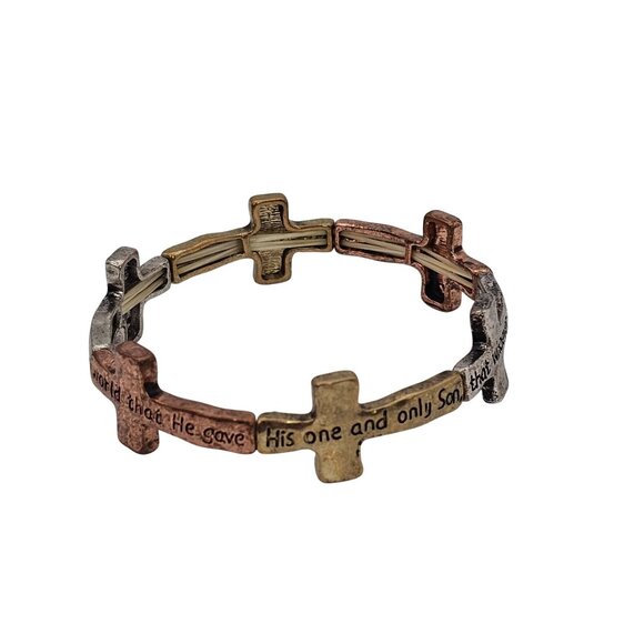 Inspirational Cross Bracelet Bible Verse In Tri-Color Gold  Metal Stretch Faith - Picture 5 of 14